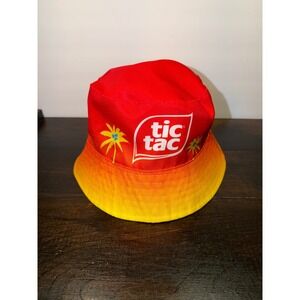 Tic Tac Reversible Bucket Hat Red Yellow Gradient White Logo Summer Festival Hat